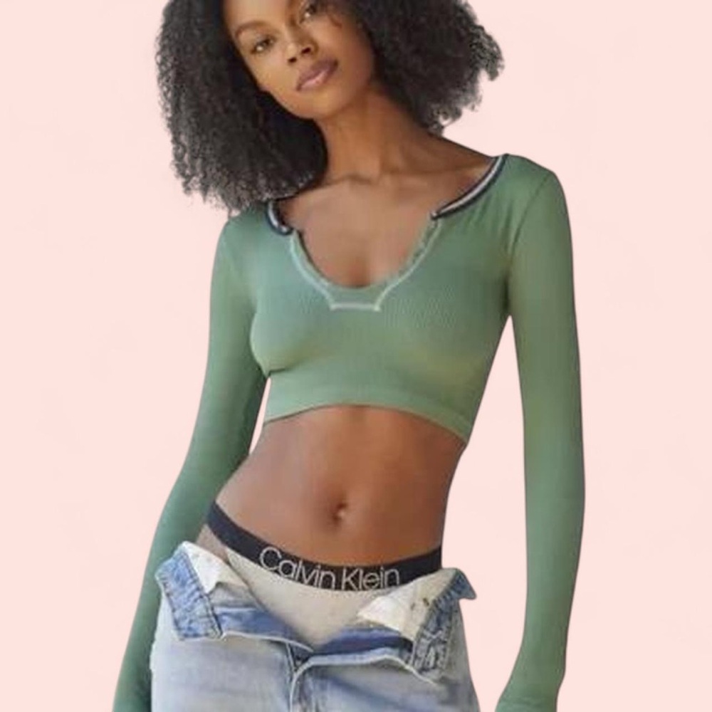 Urban Outfitters Green Go For Gold Long Sleeve Crop Top